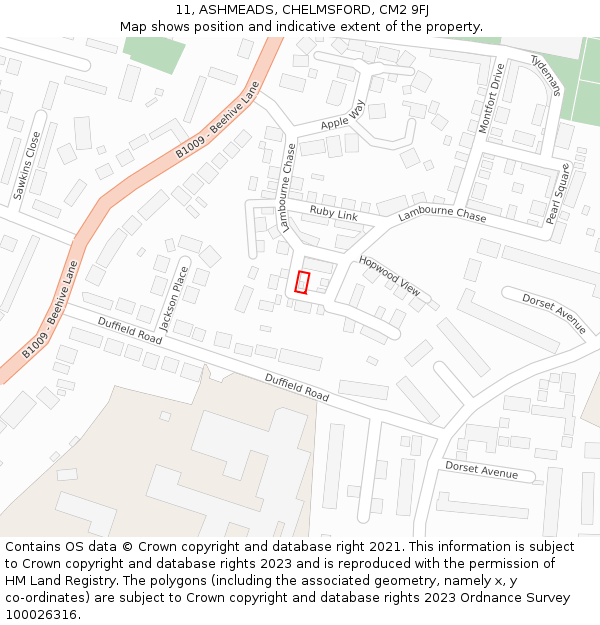 11, ASHMEADS, CHELMSFORD, CM2 9FJ: Location map and indicative extent of plot