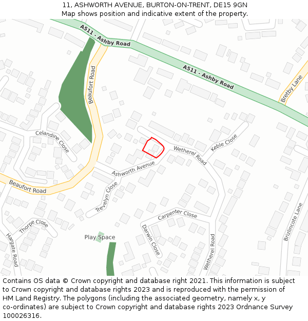 11, ASHWORTH AVENUE, BURTON-ON-TRENT, DE15 9GN: Location map and indicative extent of plot