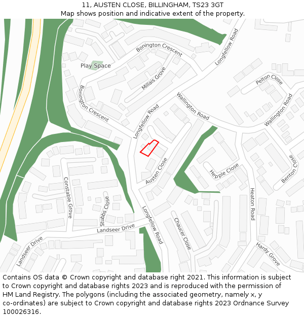 11, AUSTEN CLOSE, BILLINGHAM, TS23 3GT: Location map and indicative extent of plot