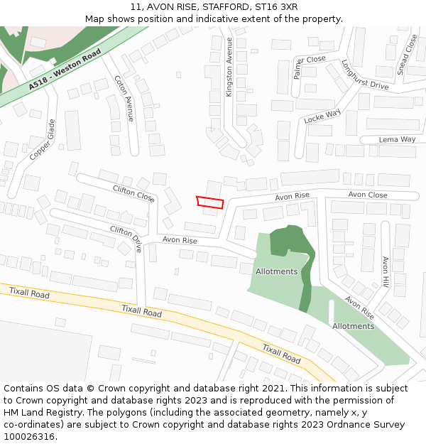 11, AVON RISE, STAFFORD, ST16 3XR: Location map and indicative extent of plot
