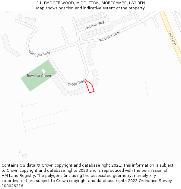 11, BADGER WOOD, MIDDLETON, MORECAMBE, LA3 3FN: Location map and indicative extent of plot