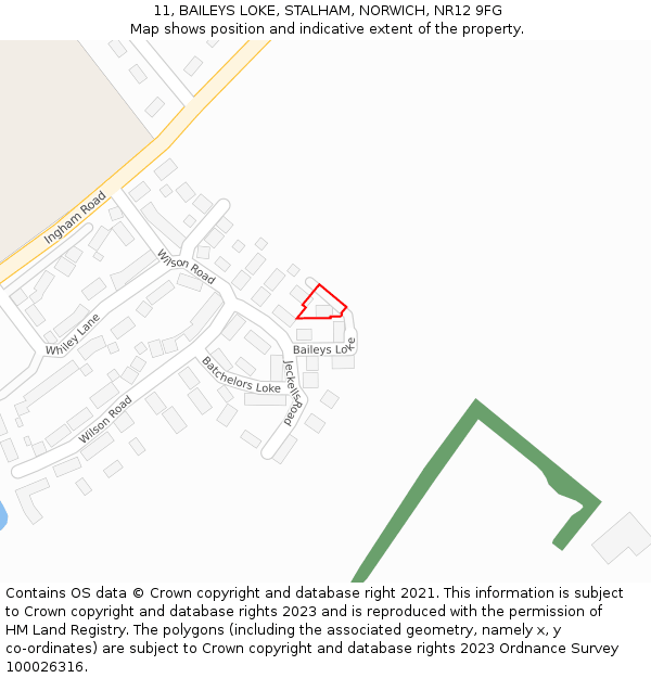 11, BAILEYS LOKE, STALHAM, NORWICH, NR12 9FG: Location map and indicative extent of plot