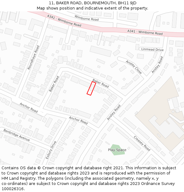 11, BAKER ROAD, BOURNEMOUTH, BH11 9JD: Location map and indicative extent of plot
