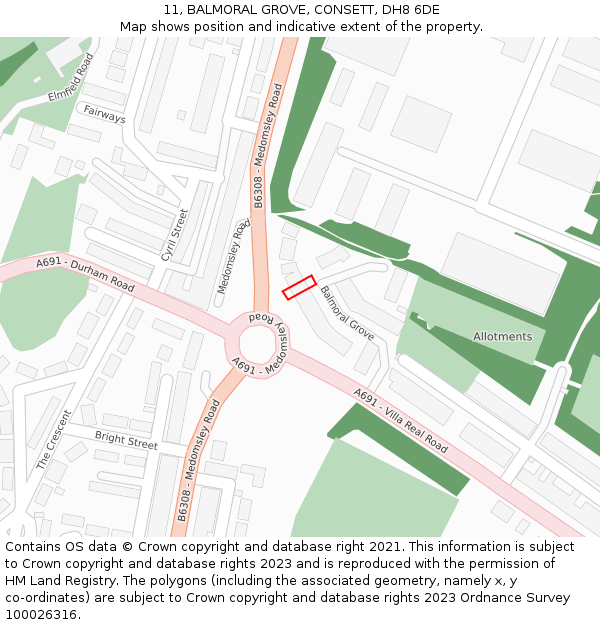11, BALMORAL GROVE, CONSETT, DH8 6DE: Location map and indicative extent of plot