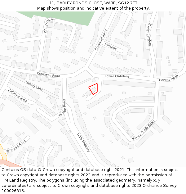 11, BARLEY PONDS CLOSE, WARE, SG12 7ET: Location map and indicative extent of plot