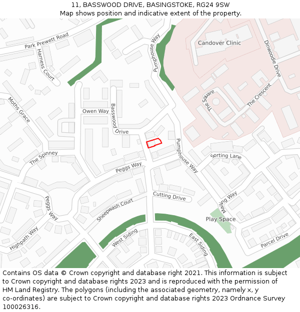 11, BASSWOOD DRIVE, BASINGSTOKE, RG24 9SW: Location map and indicative extent of plot