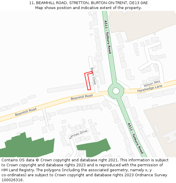 11, BEAMHILL ROAD, STRETTON, BURTON-ON-TRENT, DE13 0AE: Location map and indicative extent of plot