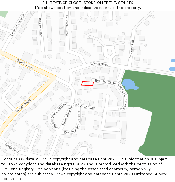 11, BEATRICE CLOSE, STOKE-ON-TRENT, ST4 4TX: Location map and indicative extent of plot
