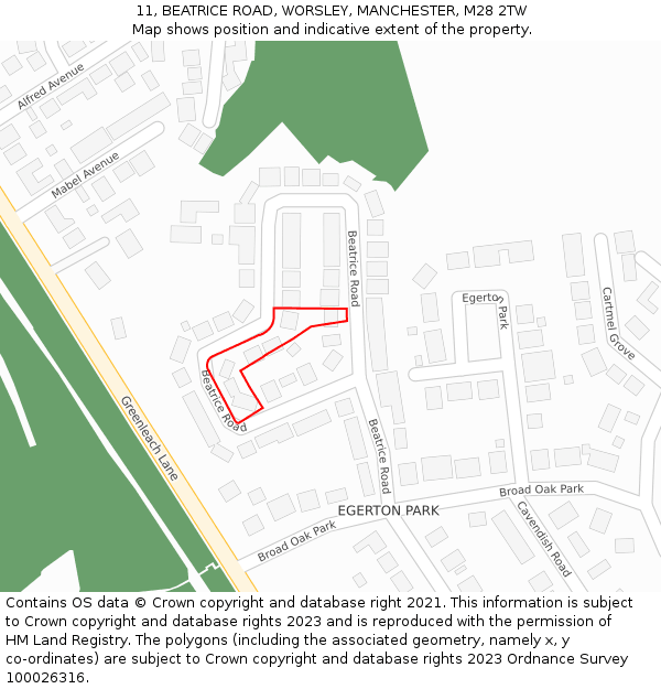 11, BEATRICE ROAD, WORSLEY, MANCHESTER, M28 2TW: Location map and indicative extent of plot