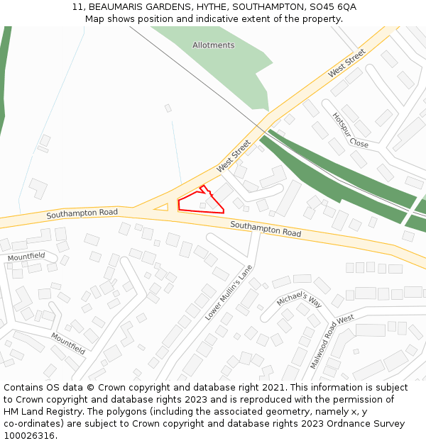 11, BEAUMARIS GARDENS, HYTHE, SOUTHAMPTON, SO45 6QA: Location map and indicative extent of plot