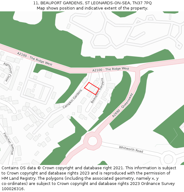 11, BEAUPORT GARDENS, ST LEONARDS-ON-SEA, TN37 7PQ: Location map and indicative extent of plot