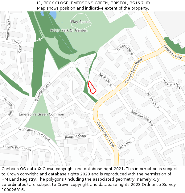 11, BECK CLOSE, EMERSONS GREEN, BRISTOL, BS16 7HD: Location map and indicative extent of plot