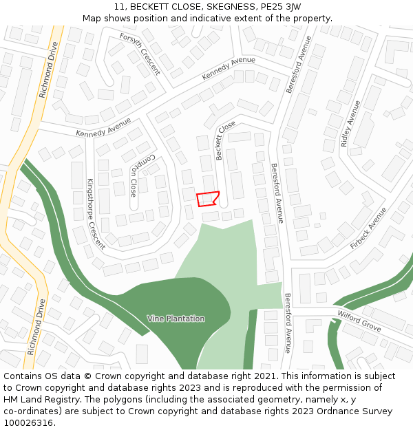 11, BECKETT CLOSE, SKEGNESS, PE25 3JW: Location map and indicative extent of plot