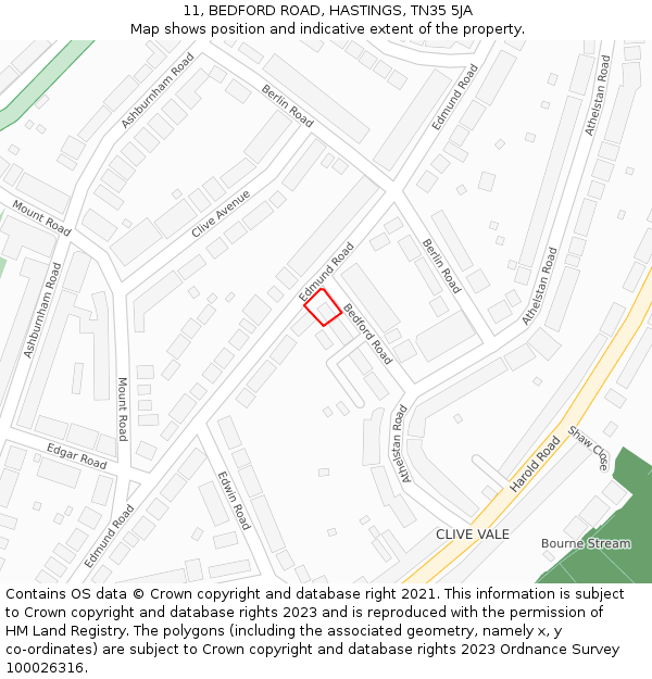 11, BEDFORD ROAD, HASTINGS, TN35 5JA: Location map and indicative extent of plot