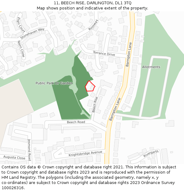 11, BEECH RISE, DARLINGTON, DL1 3TQ: Location map and indicative extent of plot