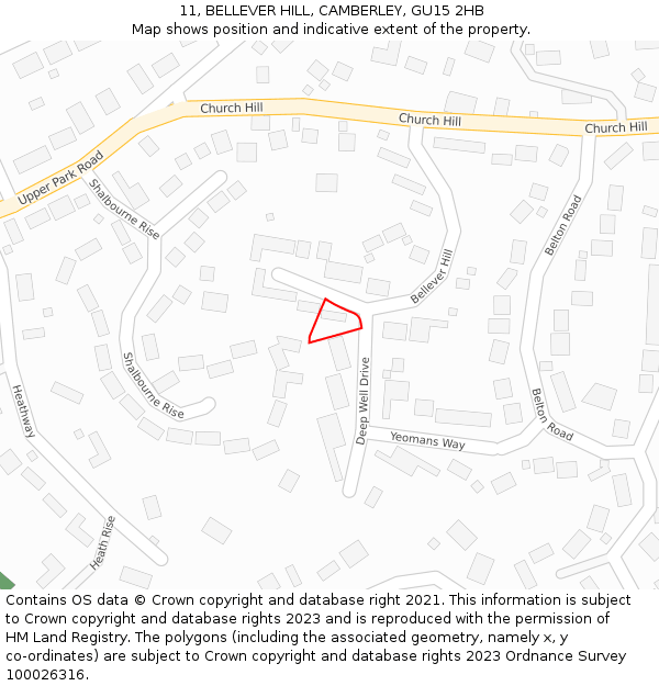 11, BELLEVER HILL, CAMBERLEY, GU15 2HB: Location map and indicative extent of plot