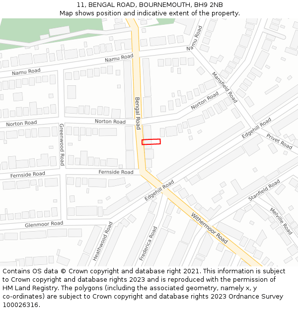 11, BENGAL ROAD, BOURNEMOUTH, BH9 2NB: Location map and indicative extent of plot