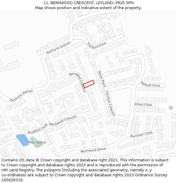 11, BERNWOOD CRESCENT, LEYLAND, PR25 5PN: Location map and indicative extent of plot