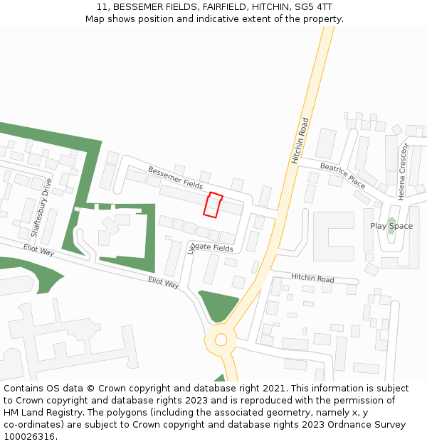 11, BESSEMER FIELDS, FAIRFIELD, HITCHIN, SG5 4TT: Location map and indicative extent of plot