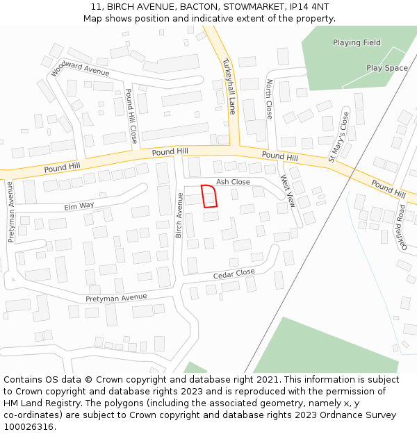11, BIRCH AVENUE, BACTON, STOWMARKET, IP14 4NT: Location map and indicative extent of plot