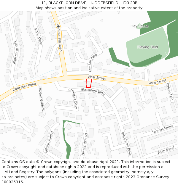 11, BLACKTHORN DRIVE, HUDDERSFIELD, HD3 3RR: Location map and indicative extent of plot