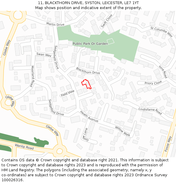 11, BLACKTHORN DRIVE, SYSTON, LEICESTER, LE7 1YT: Location map and indicative extent of plot