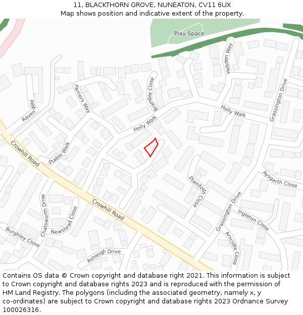 11, BLACKTHORN GROVE, NUNEATON, CV11 6UX: Location map and indicative extent of plot