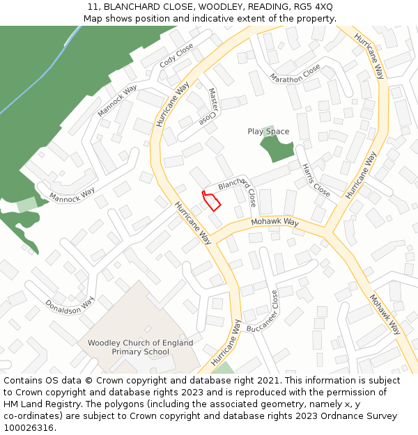 11, BLANCHARD CLOSE, WOODLEY, READING, RG5 4XQ: Location map and indicative extent of plot