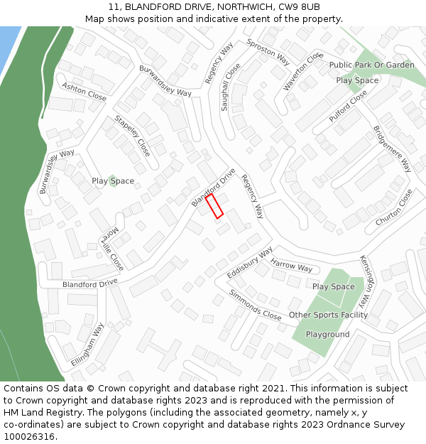 11, BLANDFORD DRIVE, NORTHWICH, CW9 8UB: Location map and indicative extent of plot