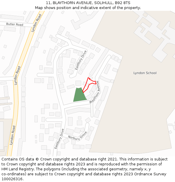 11, BLAYTHORN AVENUE, SOLIHULL, B92 8TS: Location map and indicative extent of plot