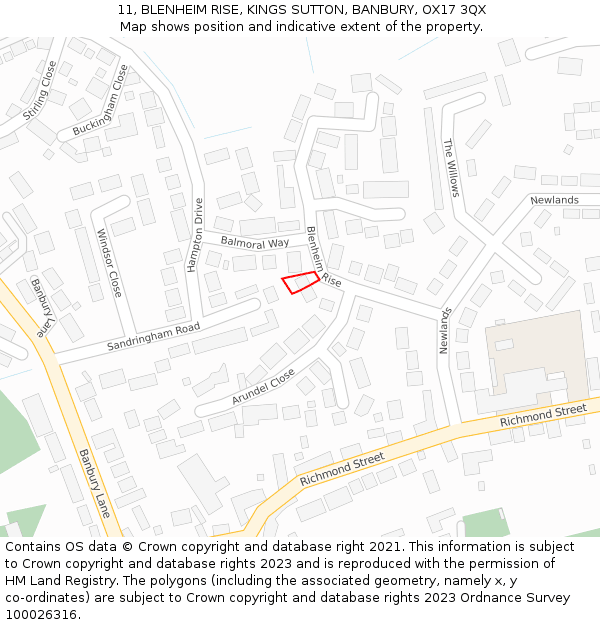11, BLENHEIM RISE, KINGS SUTTON, BANBURY, OX17 3QX: Location map and indicative extent of plot