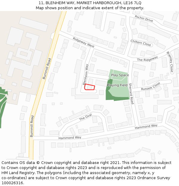 11, BLENHEIM WAY, MARKET HARBOROUGH, LE16 7LQ: Location map and indicative extent of plot