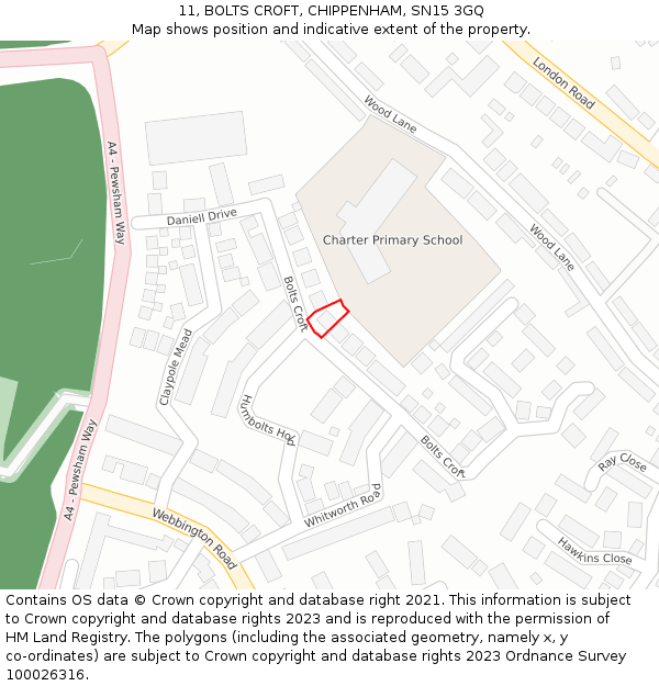 11, BOLTS CROFT, CHIPPENHAM, SN15 3GQ: Location map and indicative extent of plot