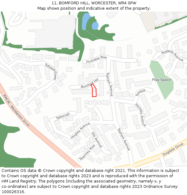 11, BOMFORD HILL, WORCESTER, WR4 0PW: Location map and indicative extent of plot