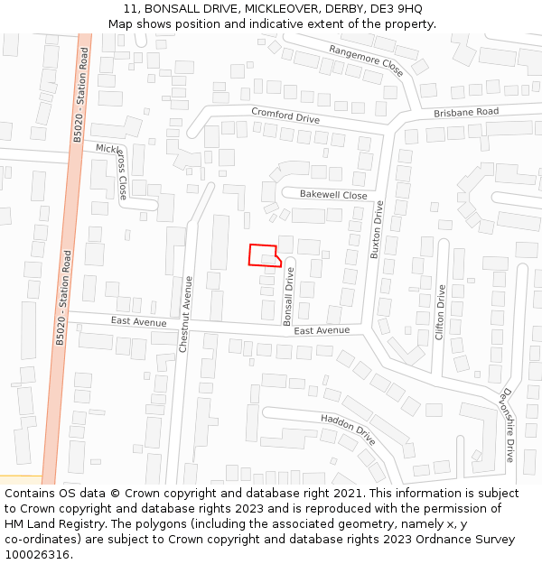 11, BONSALL DRIVE, MICKLEOVER, DERBY, DE3 9HQ: Location map and indicative extent of plot