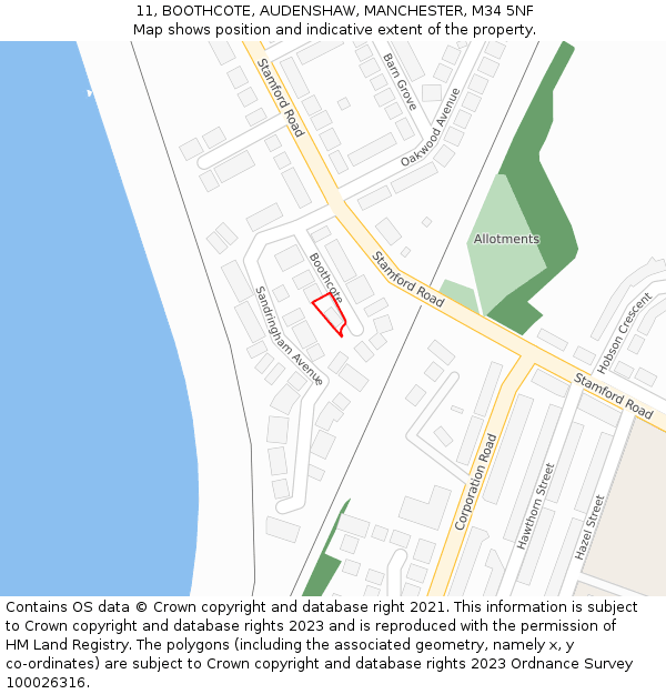 11, BOOTHCOTE, AUDENSHAW, MANCHESTER, M34 5NF: Location map and indicative extent of plot