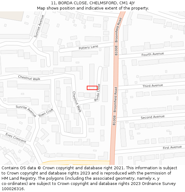 11, BORDA CLOSE, CHELMSFORD, CM1 4JY: Location map and indicative extent of plot