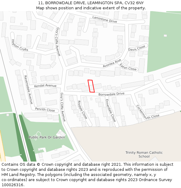 11, BORROWDALE DRIVE, LEAMINGTON SPA, CV32 6NY: Location map and indicative extent of plot