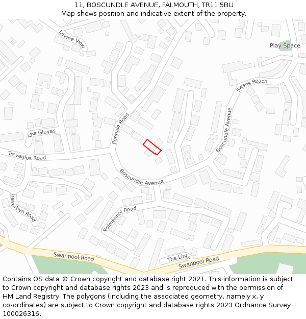 11, BOSCUNDLE AVENUE, FALMOUTH, TR11 5BU: Location map and indicative extent of plot