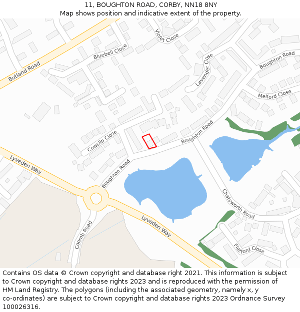 11, BOUGHTON ROAD, CORBY, NN18 8NY: Location map and indicative extent of plot