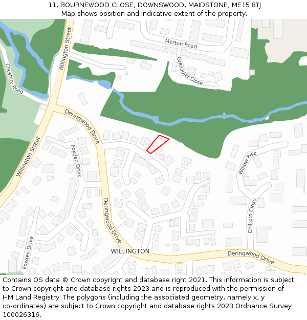 11, BOURNEWOOD CLOSE, DOWNSWOOD, MAIDSTONE, ME15 8TJ: Location map and indicative extent of plot