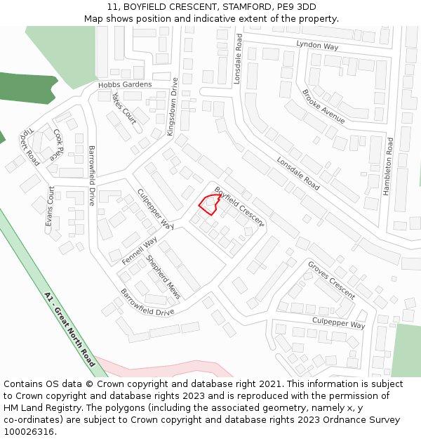 11, BOYFIELD CRESCENT, STAMFORD, PE9 3DD: Location map and indicative extent of plot