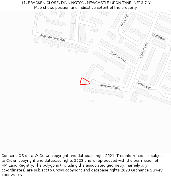 11, BRACKEN CLOSE, DINNINGTON, NEWCASTLE UPON TYNE, NE13 7LY: Location map and indicative extent of plot