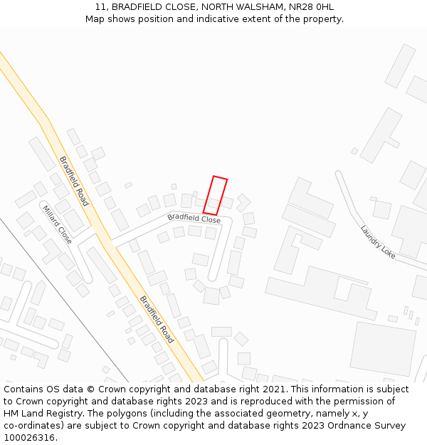 11, BRADFIELD CLOSE, NORTH WALSHAM, NR28 0HL: Location map and indicative extent of plot