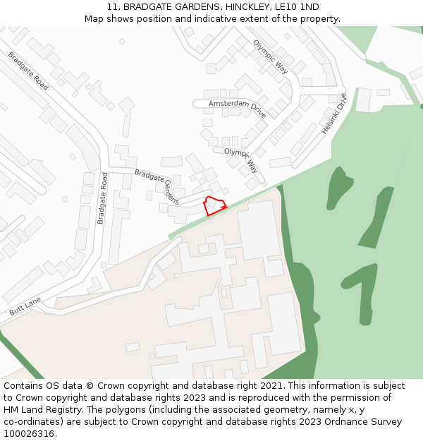 11, BRADGATE GARDENS, HINCKLEY, LE10 1ND: Location map and indicative extent of plot