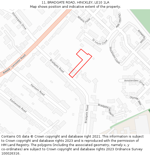11, BRADGATE ROAD, HINCKLEY, LE10 1LA: Location map and indicative extent of plot