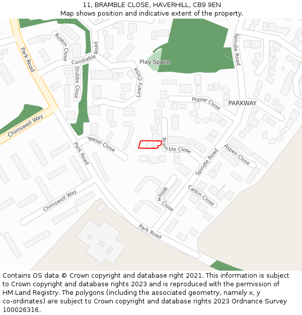 11, BRAMBLE CLOSE, HAVERHILL, CB9 9EN: Location map and indicative extent of plot