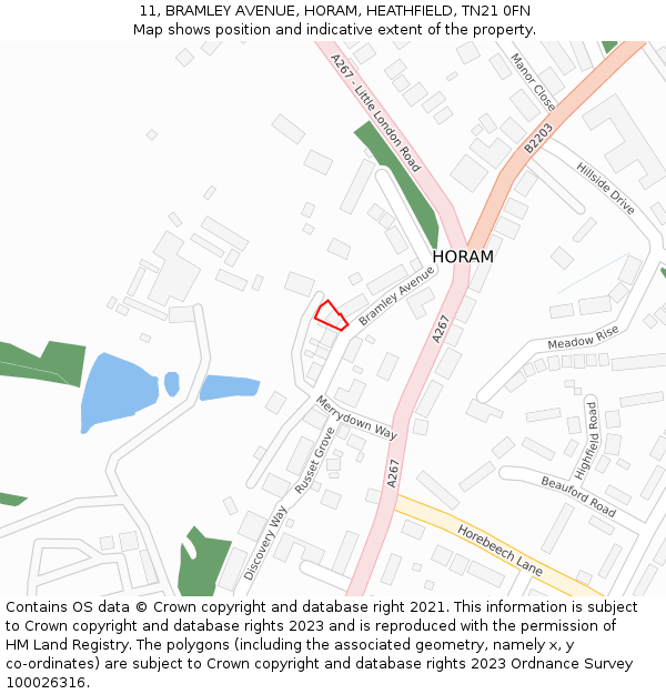 11, BRAMLEY AVENUE, HORAM, HEATHFIELD, TN21 0FN: Location map and indicative extent of plot