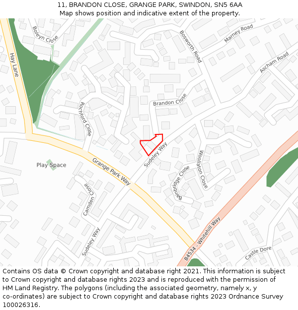 11, BRANDON CLOSE, GRANGE PARK, SWINDON, SN5 6AA: Location map and indicative extent of plot