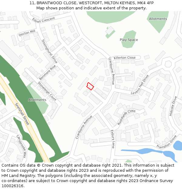 11, BRANTWOOD CLOSE, WESTCROFT, MILTON KEYNES, MK4 4FP: Location map and indicative extent of plot